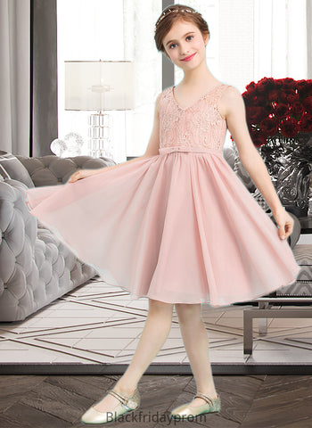 Bianca A-Line V-neck Knee-Length Chiffon Junior Bridesmaid Dress With Bow(s) BF2P0013586