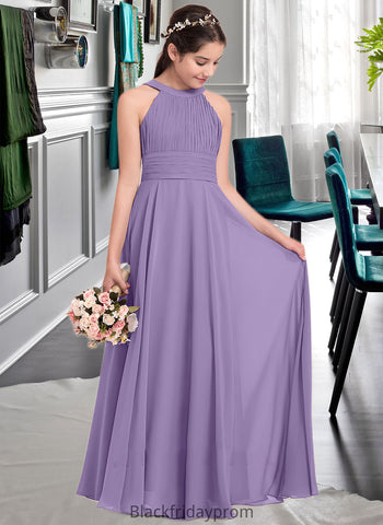 Undine A-Line Scoop Neck Floor-Length Chiffon Junior Bridesmaid Dress With Ruffle BF2P0013588