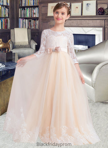 Lexie Ball-Gown/Princess Scoop Neck Floor-Length Tulle Lace Junior Bridesmaid Dress With Sash Beading Bow(s) BF2P0013589