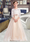 Lexie Ball-Gown/Princess Scoop Neck Floor-Length Tulle Lace Junior Bridesmaid Dress With Sash Beading Bow(s) BF2P0013589