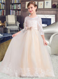 Lexie Ball-Gown/Princess Scoop Neck Floor-Length Tulle Lace Junior Bridesmaid Dress With Sash Beading Bow(s) BF2P0013589