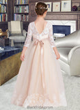 Lexie Ball-Gown/Princess Scoop Neck Floor-Length Tulle Lace Junior Bridesmaid Dress With Sash Beading Bow(s) BF2P0013589