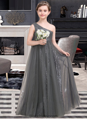 Rayne A-Line One-Shoulder Floor-Length Tulle Sequined Junior Bridesmaid Dress With Ruffle BF2P0013592