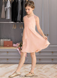 Ruby A-Line V-neck Knee-Length Chiffon Lace Junior Bridesmaid Dress With Cascading Ruffles BF2P0013630