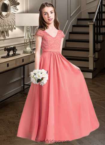 Gloria A-Line V-neck Floor-Length Chiffon Lace Junior Bridesmaid Dress BF2P0013634