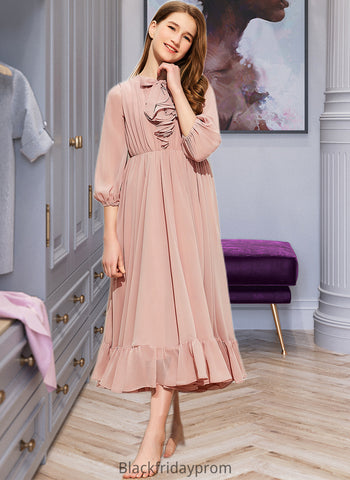 Madyson A-Line Scoop Neck Tea-Length Chiffon Junior Bridesmaid Dress With Bow(s) Cascading Ruffles BF2P0013638