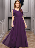 Judith A-Line V-neck Floor-Length Chiffon Junior Bridesmaid Dress With Bow(s) Cascading Ruffles BF2P0013639