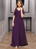 Judith A-Line V-neck Floor-Length Chiffon Junior Bridesmaid Dress With Bow(s) Cascading Ruffles BF2P0013639