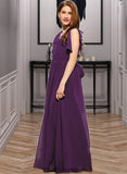 Judith A-Line V-neck Floor-Length Chiffon Junior Bridesmaid Dress With Bow(s) Cascading Ruffles BF2P0013639