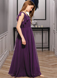 Judith A-Line V-neck Floor-Length Chiffon Junior Bridesmaid Dress With Bow(s) Cascading Ruffles BF2P0013639