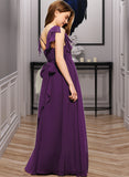 Judith A-Line V-neck Floor-Length Chiffon Junior Bridesmaid Dress With Bow(s) Cascading Ruffles BF2P0013639