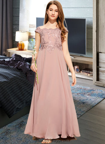 Hayley A-Line Off-the-Shoulder Floor-Length Chiffon Lace Junior Bridesmaid Dress BF2P0013640