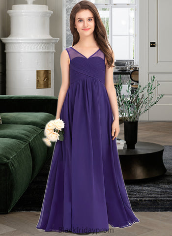 Megan A-Line V-neck Floor-Length Chiffon Junior Bridesmaid Dress With Ruffle BF2P0013642