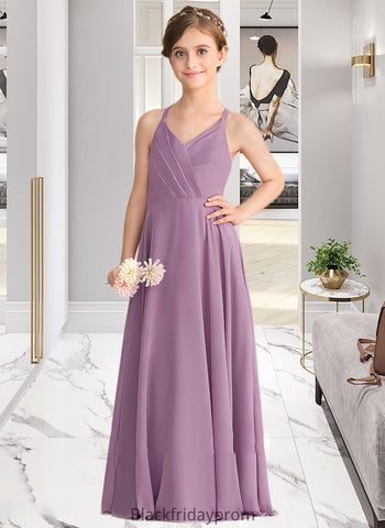 Morgan A-Line V-neck Floor-Length Chiffon Junior Bridesmaid Dress With Cascading Ruffles BF2P0013644