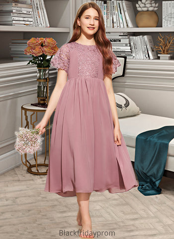 Samantha A-Line Scoop Neck Tea-Length Chiffon Lace Junior Bridesmaid Dress BF2P0013648