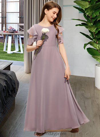 Shaylee A-Line Scoop Neck Floor-Length Chiffon Junior Bridesmaid Dress With Cascading Ruffles BF2P0013649