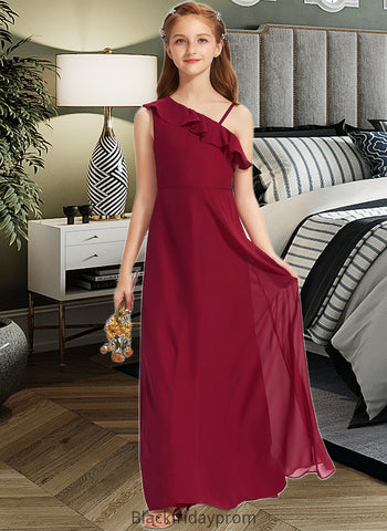 Nathalie A-Line One-Shoulder Floor-Length Chiffon Junior Bridesmaid Dress With Ruffles BF2P0013650