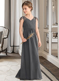 Maisie A-Line V-neck Floor-Length Chiffon Junior Bridesmaid Dress With Ruffle Beading BF2P0013653