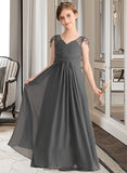 Maisie A-Line V-neck Floor-Length Chiffon Junior Bridesmaid Dress With Ruffle Beading BF2P0013653