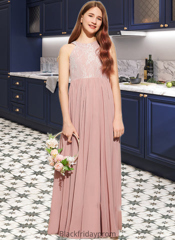 Alana A-Line Scoop Neck Floor-Length Chiffon Lace Junior Bridesmaid Dress With Sequins BF2P0013655