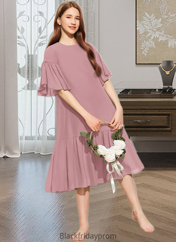 Charlee A-Line Scoop Neck Knee-Length Chiffon Junior Bridesmaid Dress With Cascading Ruffles BF2P0013656