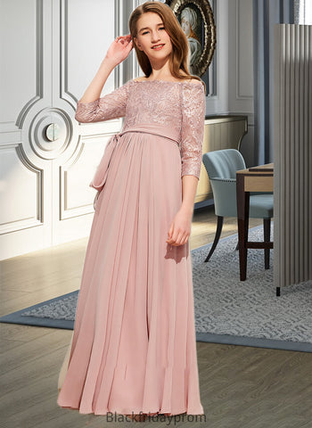 Kianna A-Line Off-the-Shoulder Floor-Length Chiffon Lace Junior Bridesmaid Dress With Bow(s) BF2P0013658