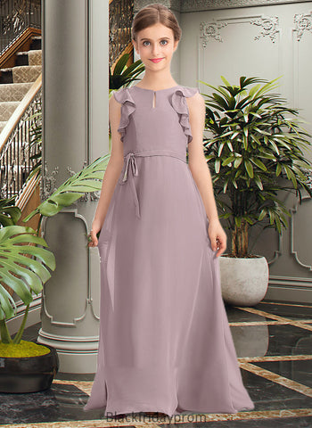 Gia A-Line Scoop Neck Floor-Length Chiffon Junior Bridesmaid Dress With Bow(s) Cascading Ruffles BF2P0013659