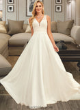 Lucile A-Line V-neck Sweep Train Chiffon Lace Wedding Dress With Lace BF2P0013677