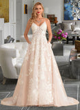 Shannon Ball-Gown/Princess V-neck Court Train Tulle Lace Wedding Dress With Beading Pockets BF2P0013679