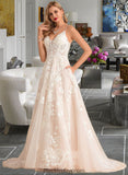 Shannon Ball-Gown/Princess V-neck Court Train Tulle Lace Wedding Dress With Beading Pockets BF2P0013679