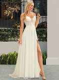 Cecelia A-Line V-neck Sweep Train Chiffon Lace Wedding Dress With Beading Sequins BF2P0013681