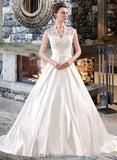 Rowan Ball-Gown/Princess V-neck Court Train Satin Lace Wedding Dress With Ruffle BF2P0013688