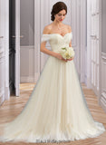 Alanna Ball-Gown/Princess Off-the-Shoulder Court Train Tulle Lace Wedding Dress With Ruffle BF2P0013692