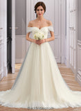 Alanna Ball-Gown/Princess Off-the-Shoulder Court Train Tulle Lace Wedding Dress With Ruffle BF2P0013692