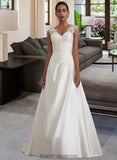 Esme Ball-Gown/Princess V-neck Sweep Train Satin Wedding Dress With Ruffle Beading Sequins BF2P0013693