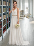 Millie A-Line V-neck Sweep Train Chiffon Wedding Dress With Ruffle Lace Beading Sequins BF2P0013705