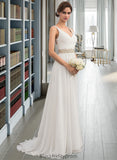 Millie A-Line V-neck Sweep Train Chiffon Wedding Dress With Ruffle Lace Beading Sequins BF2P0013705