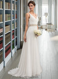 Millie A-Line V-neck Sweep Train Chiffon Wedding Dress With Ruffle Lace Beading Sequins BF2P0013705