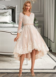 Chelsea A-Line V-neck Asymmetrical Satin Tulle Lace Wedding Dress BF2P0013706