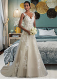 Lynn A-Line V-neck Court Train Tulle Lace Wedding Dress With Beading Sequins BF2P0013709