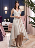 Samara A-Line V-neck Asymmetrical Tulle Lace Wedding Dress With Bow(s) BF2P0013717