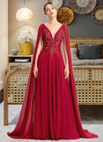 Jaylyn A-Line V-neck Floor-Length Chiffon Wedding Dress With Sequins BF2P0013718