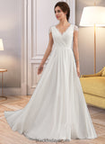 Jazlyn A-Line V-neck Floor-Length Chiffon Lace Wedding Dress With Ruffle BF2P0013729