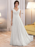 Jazlyn A-Line V-neck Floor-Length Chiffon Lace Wedding Dress With Ruffle BF2P0013729