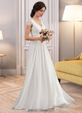 Jazlyn A-Line V-neck Floor-Length Chiffon Lace Wedding Dress With Ruffle BF2P0013729