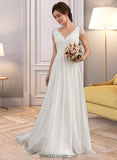 Jazlyn A-Line V-neck Floor-Length Chiffon Lace Wedding Dress With Ruffle BF2P0013729