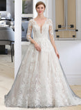 Mayra Ball-Gown/Princess V-neck Chapel Train Tulle Wedding Dress BF2P0013735