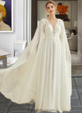 Caylee A-Line V-neck Floor-Length Chiffon Lace Wedding Dress With Sequins BF2P0013736