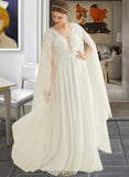 Caylee A-Line V-neck Floor-Length Chiffon Lace Wedding Dress With Sequins BF2P0013736