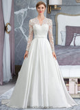 Elena Ball-Gown/Princess V-neck Court Train Satin Wedding Dress With Bow(s) BF2P0013746